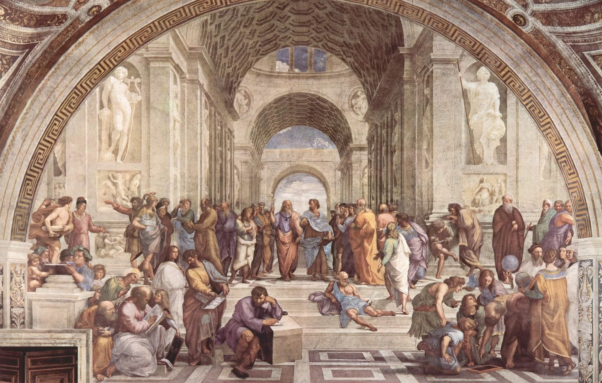 Classical fresco depicting scholars gathered beneath vaulted arches