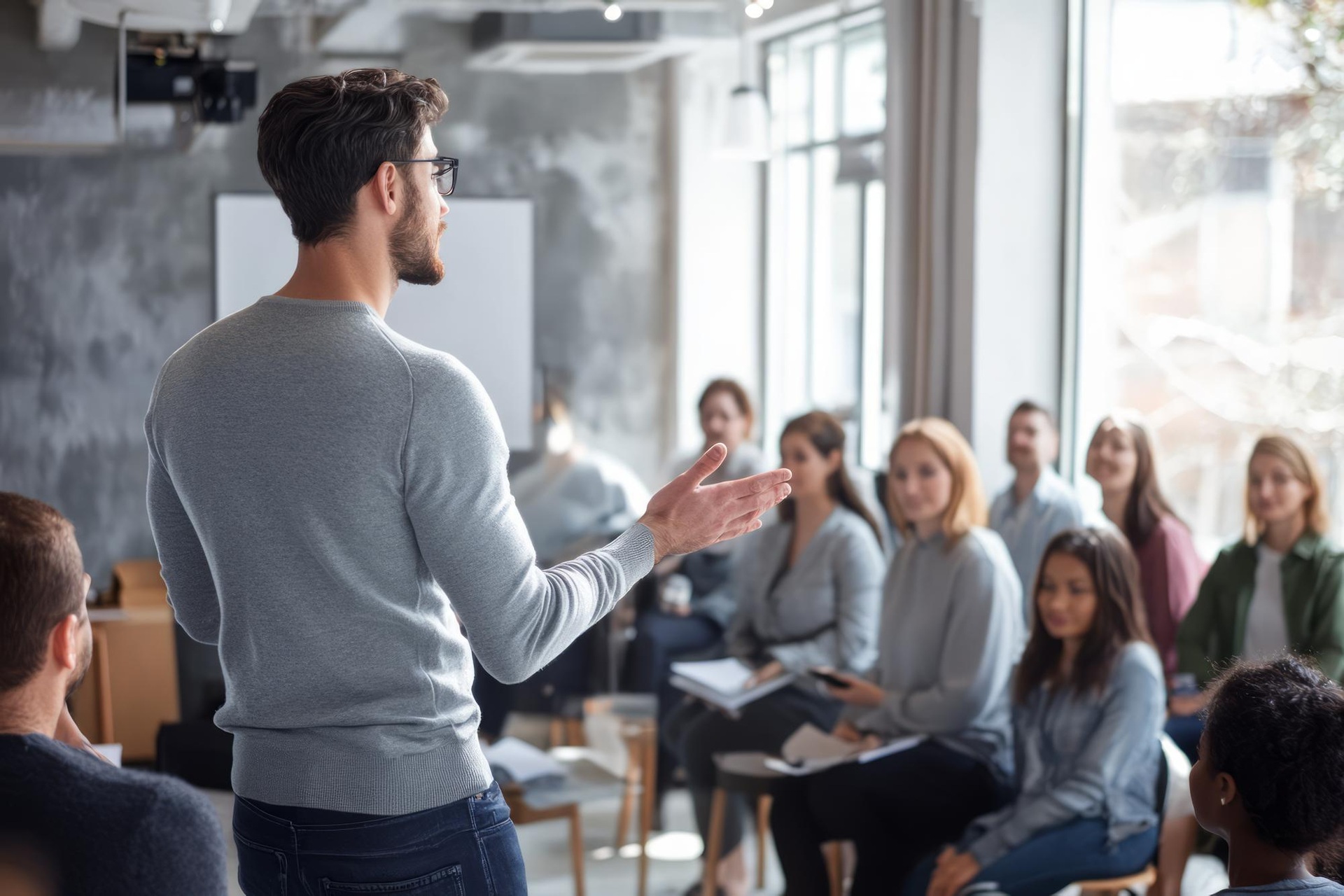 A speaker leading a workshop with seated participants