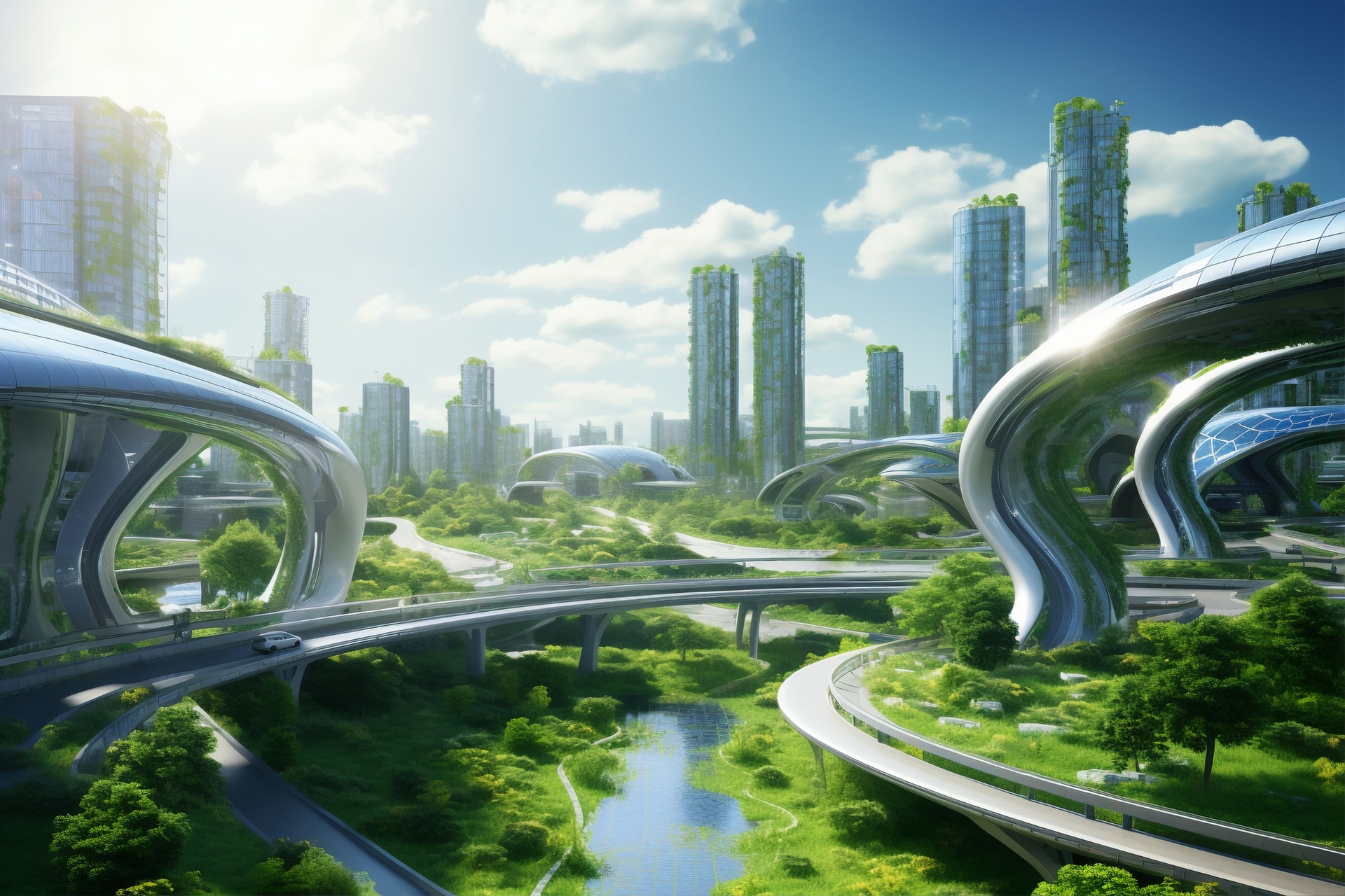 Illustration of a green city with waterways and elevated roads