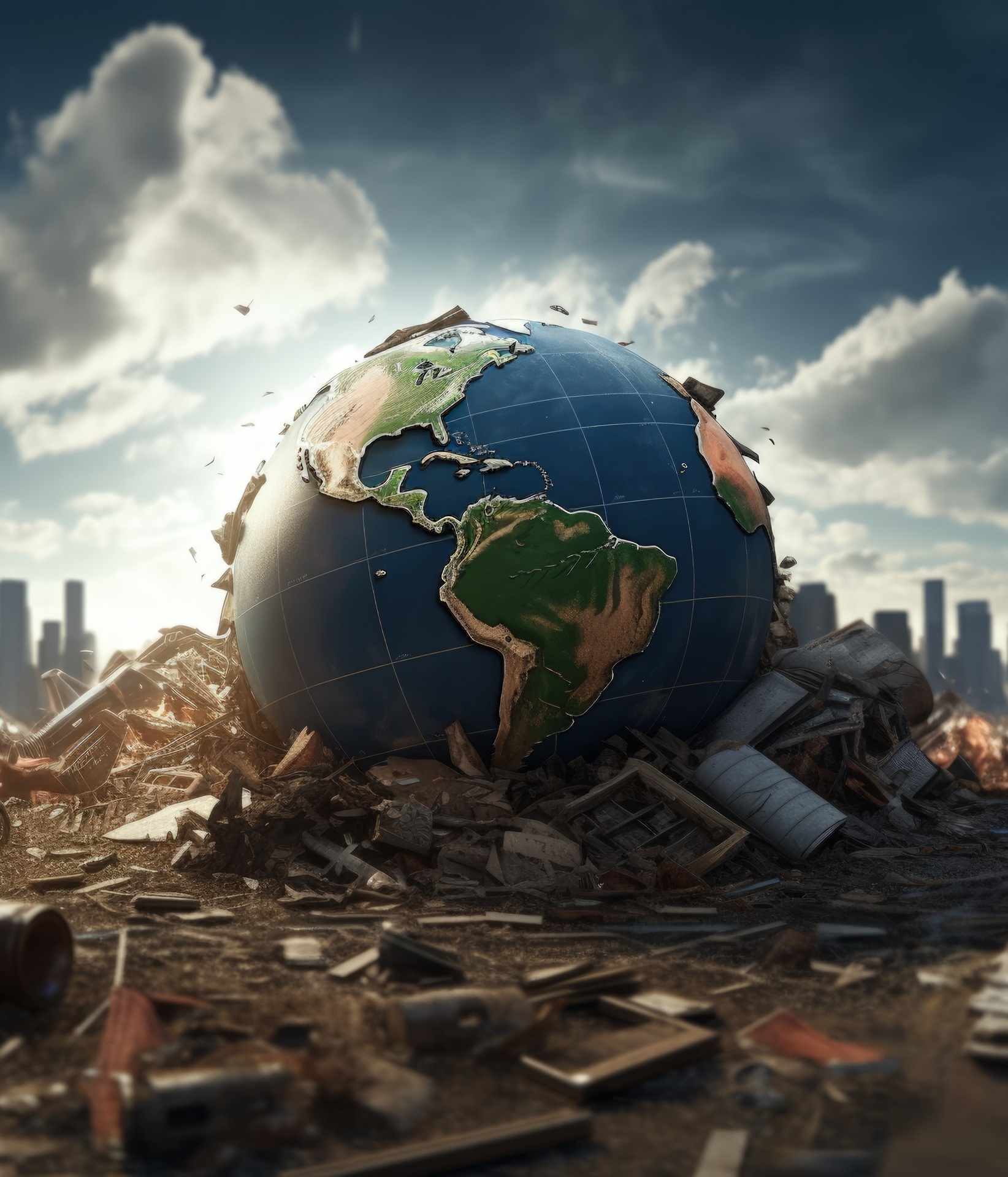 Illustration of Earth surrounded by rubble beneath storm clouds
