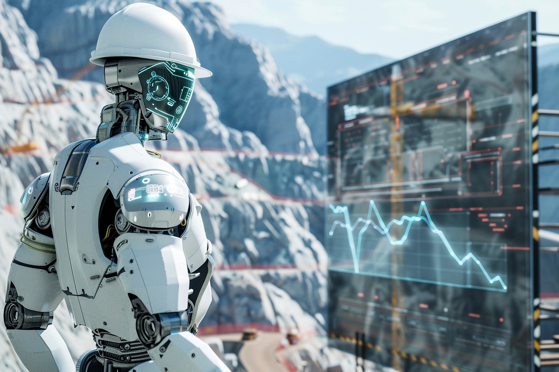 Illustration of a robot in a hard hat analysing data in a mountain setting