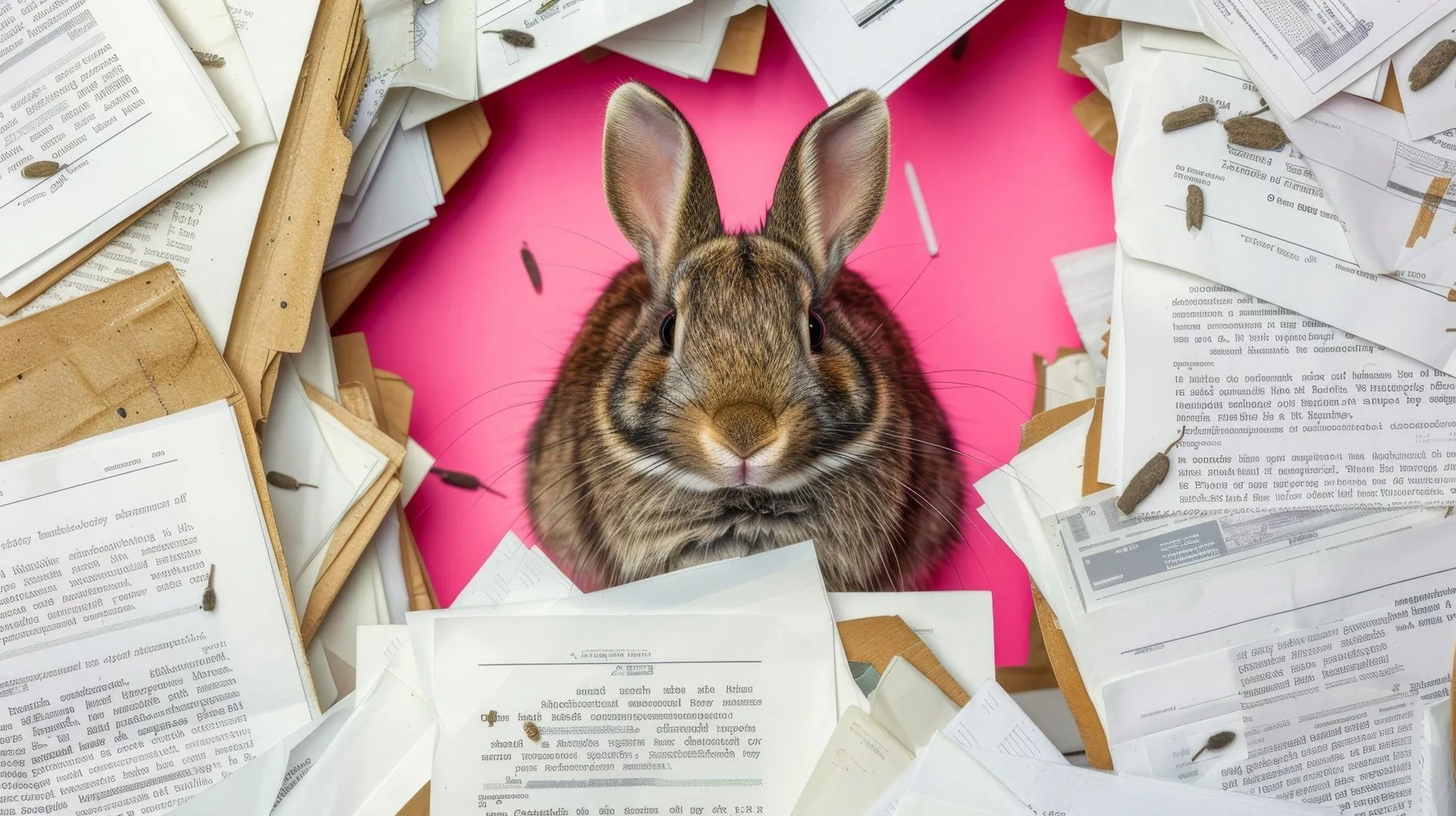 A rabbit surrounded by research papers and books