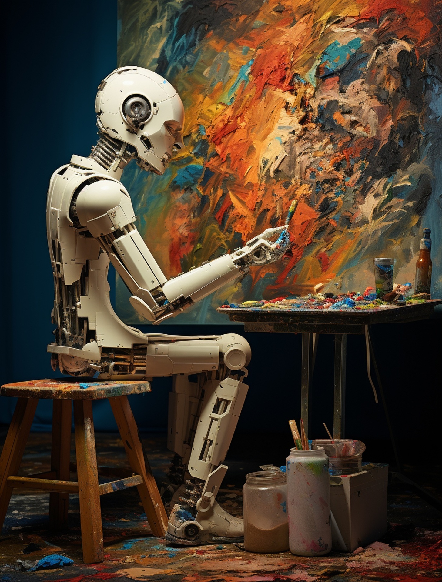 Illustration of a robot painting a colourful canvas