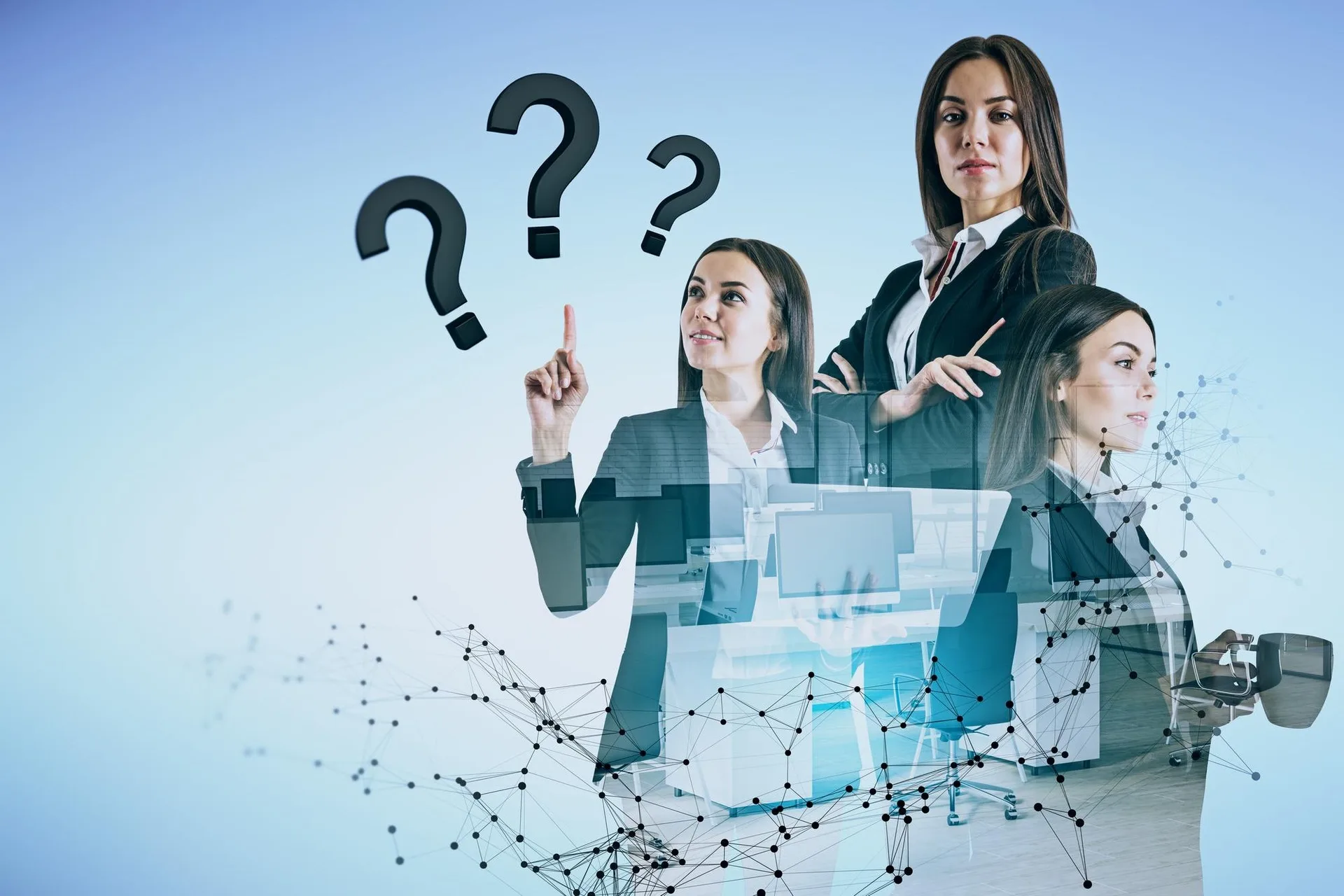 Illustration of professionals considering questions above digital data