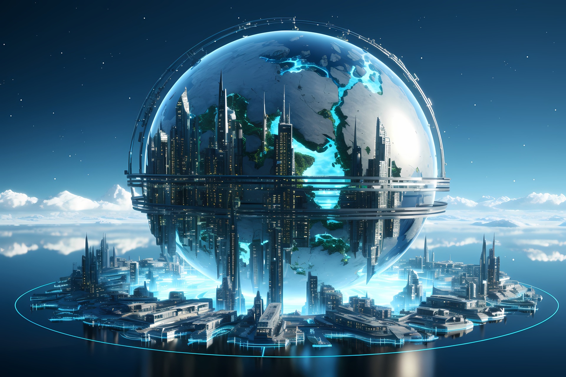 Illustration of a futuristic city enclosed in a globe