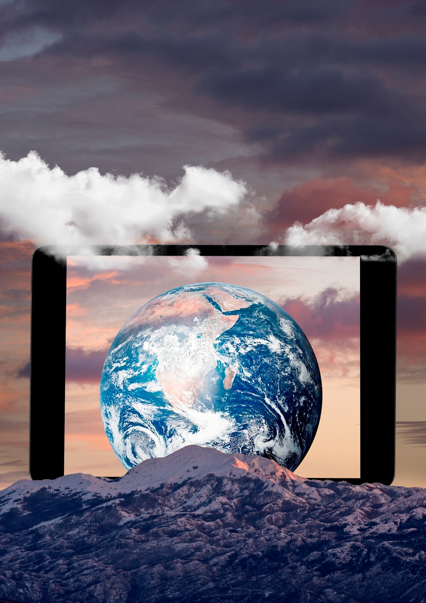 A globe between smoking industrial chimneys