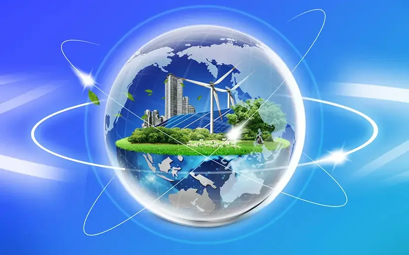 Illustration of a green city inside a globe with orbiting lines