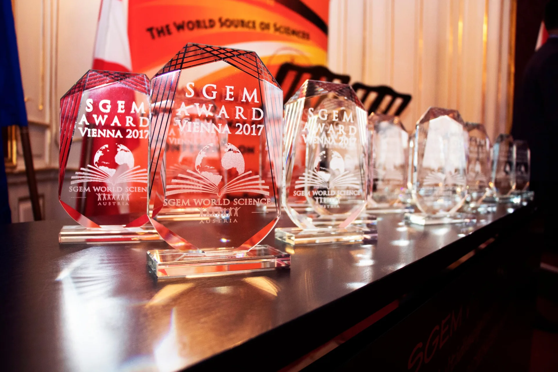 Rows of SGEM Vienna 2017 glass awards