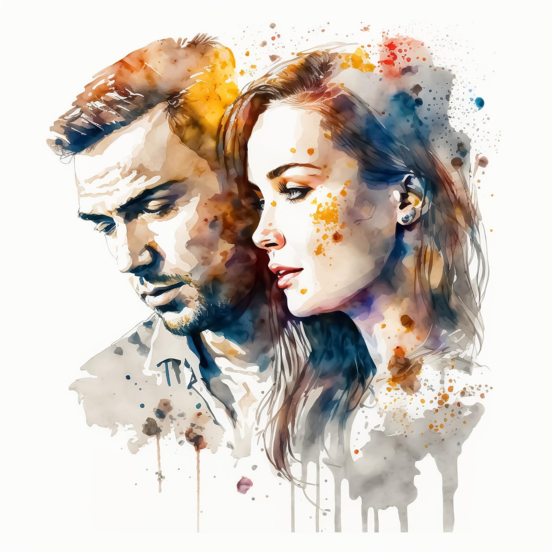 Watercolour portraits of a man and woman facing one another
