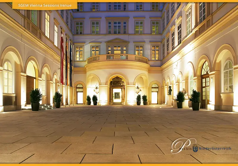 Illuminated courtyard of the Palais Niederösterreich conference venue