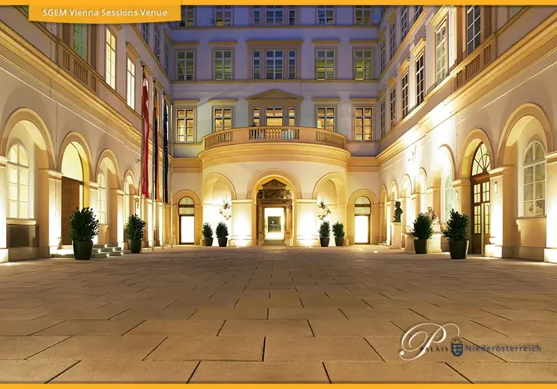 Illuminated courtyard of the Palais Niederösterreich conference venue