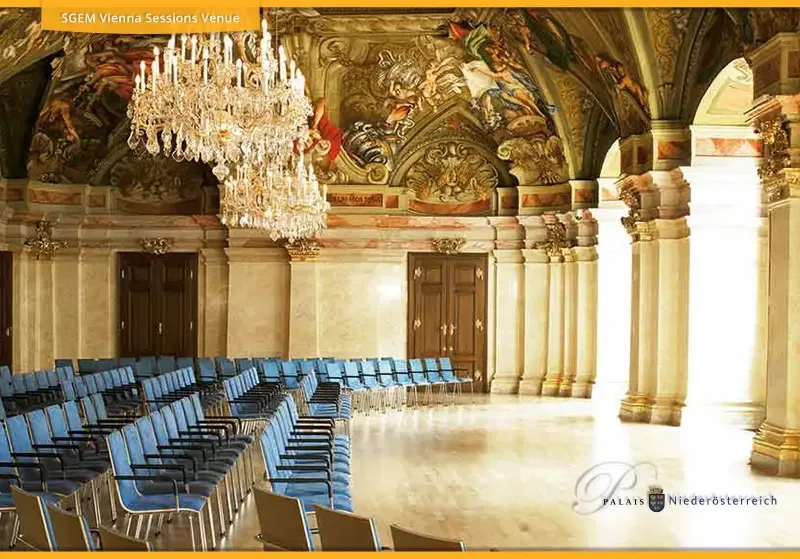 Conference seating beneath frescoes in Palais Niederösterreich