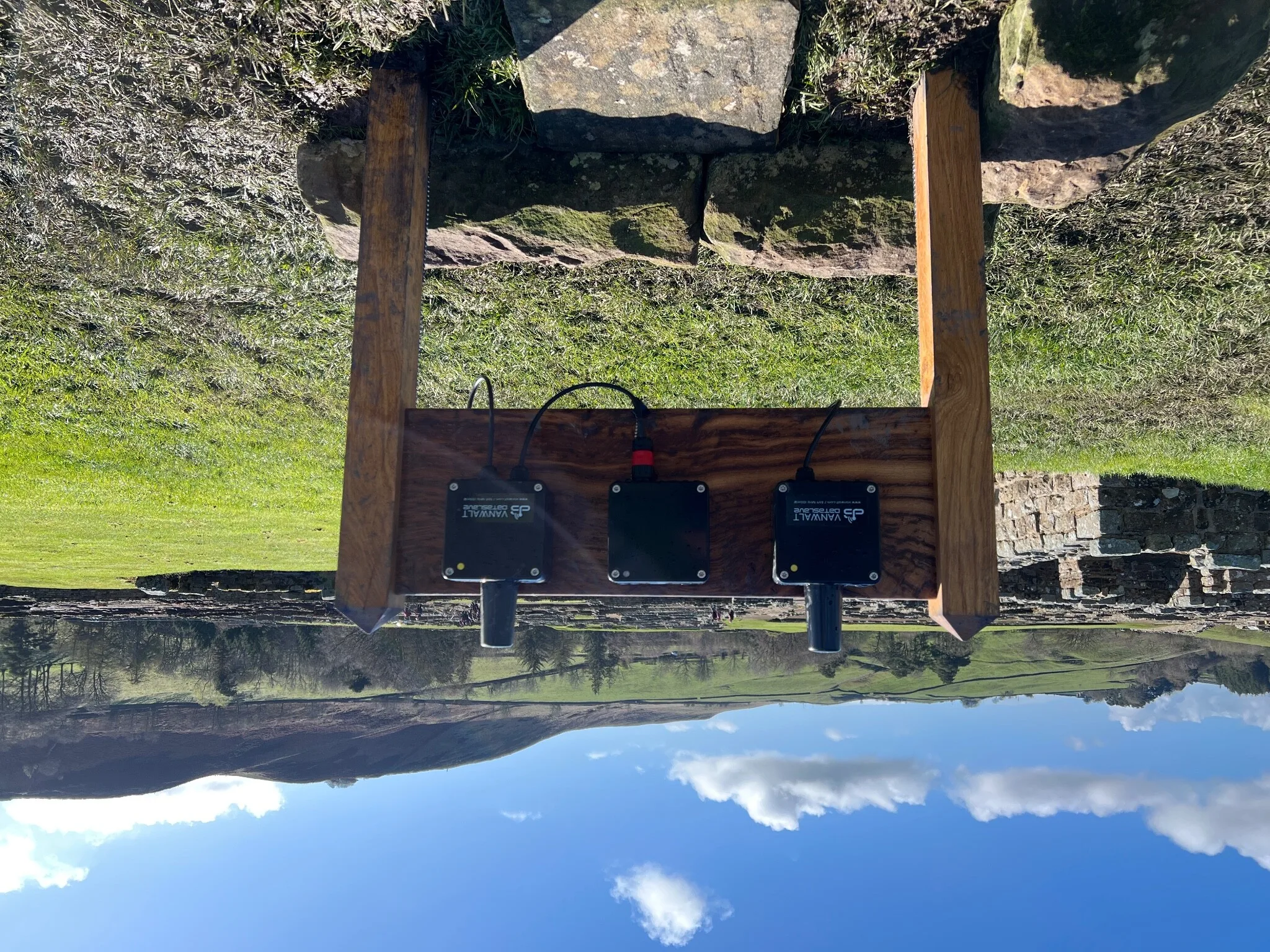 Environmental monitoring equipment overlooking a historic landscape