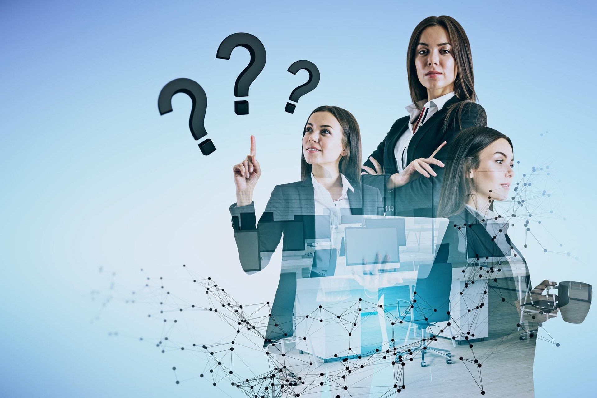 Ilustración de profesionales considerando preguntas sobre datos digitales