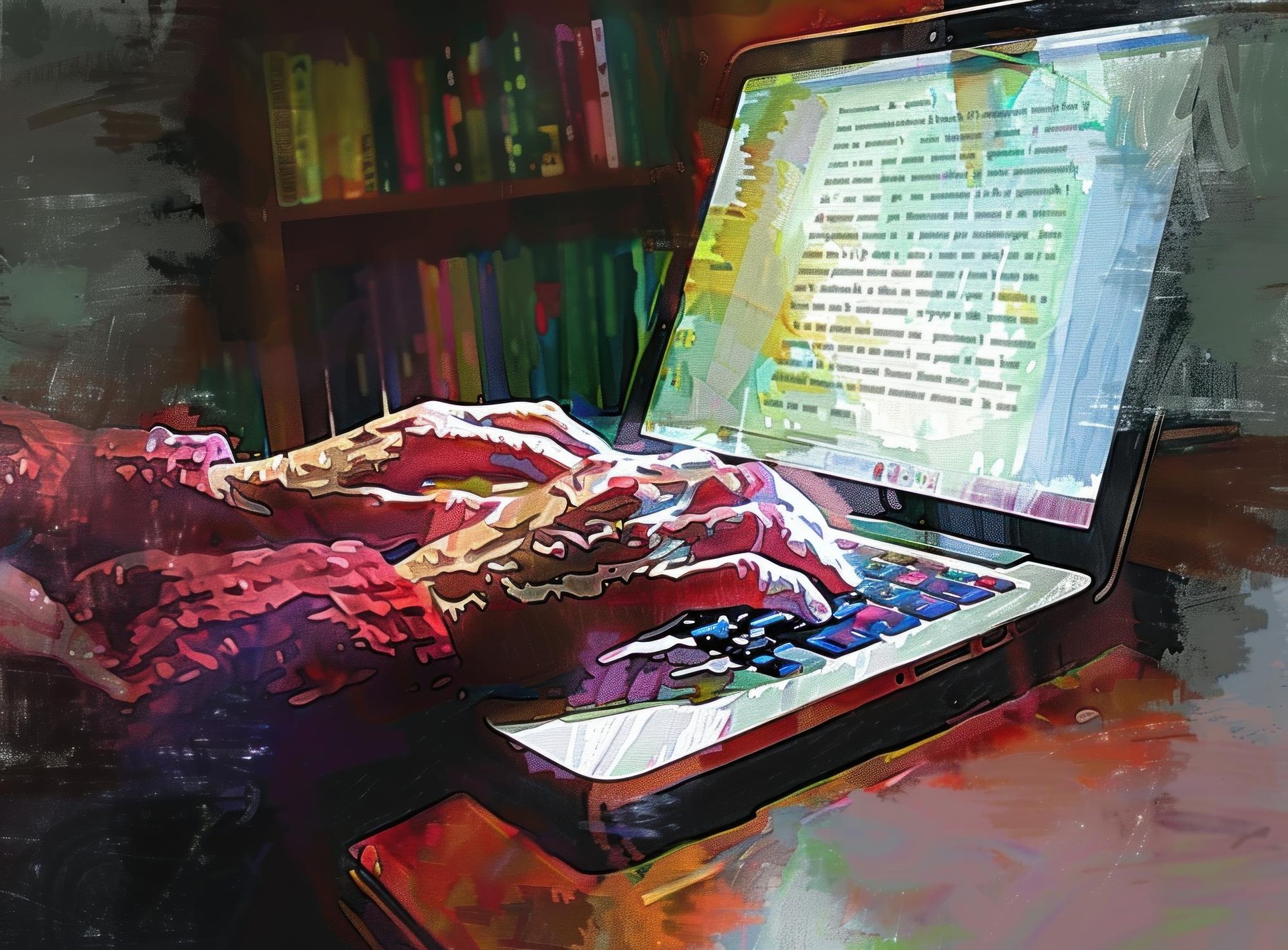 Ilustración de manos tecleando en un portátil en una biblioteca