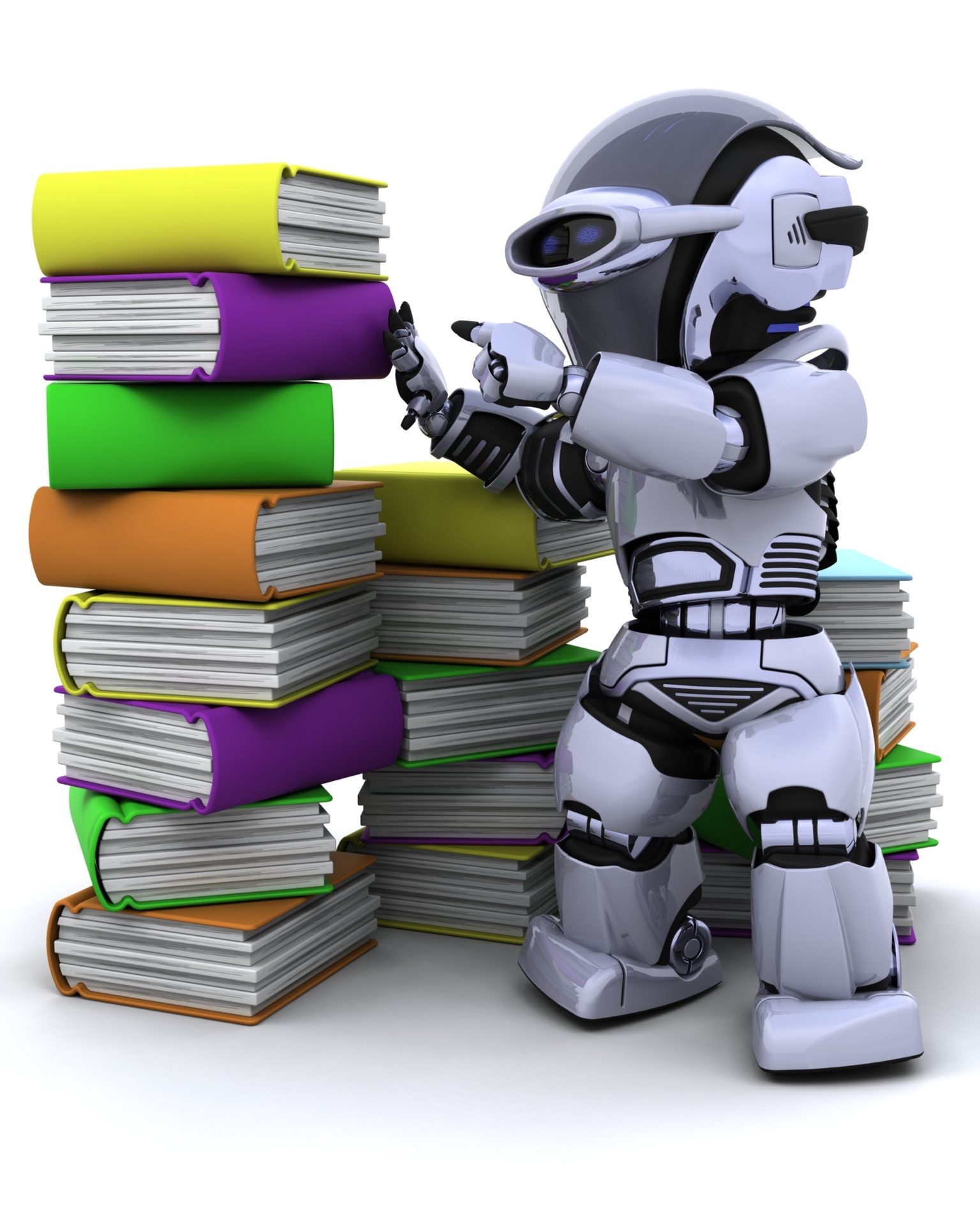 A small robot reading beside a stack of books