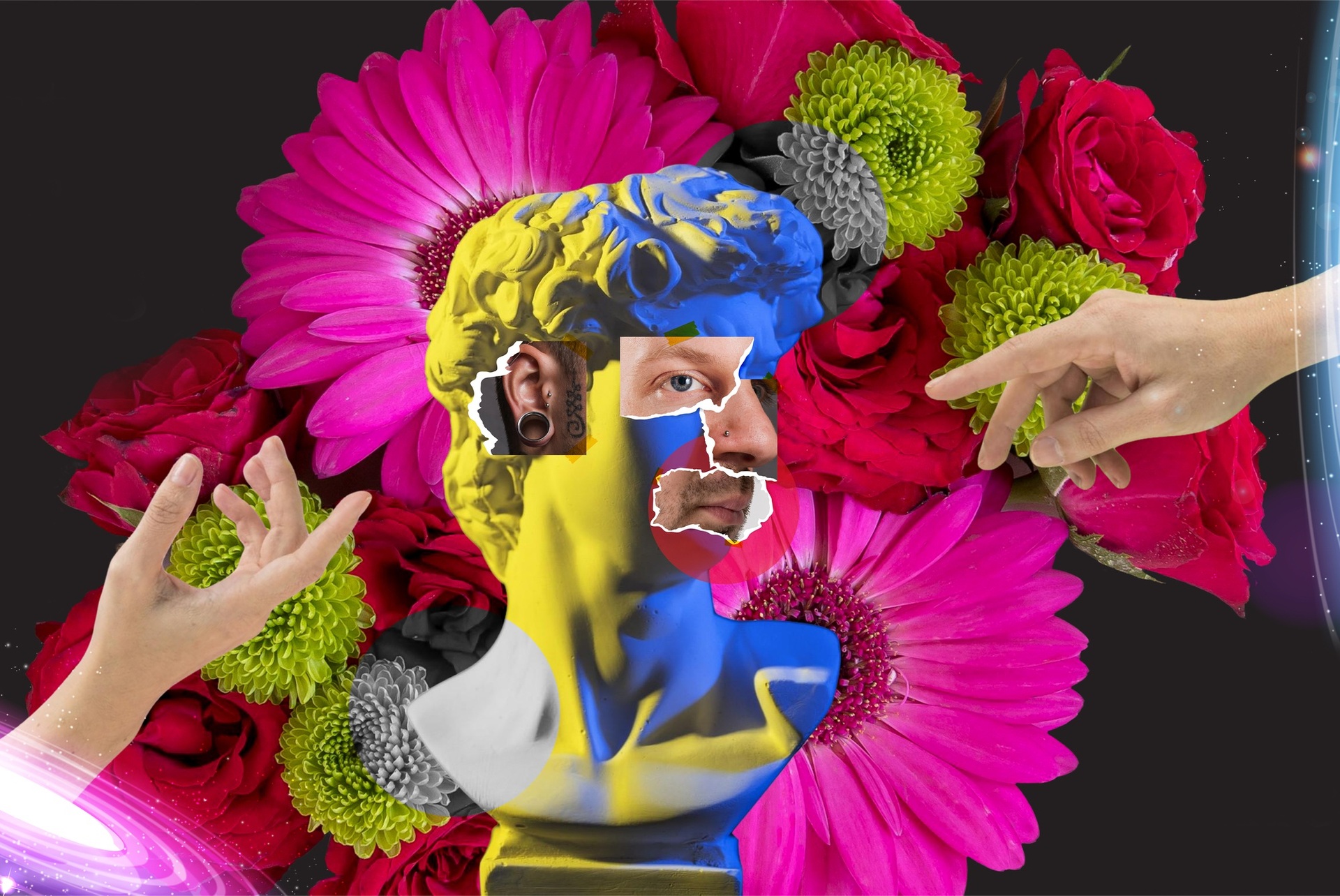 A colourful classical bust surrounded by flowers and reaching hands