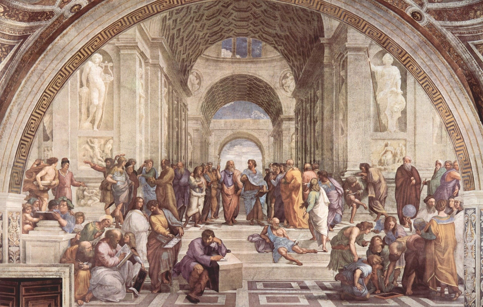 Classical fresco depicting scholars gathered beneath vaulted arches