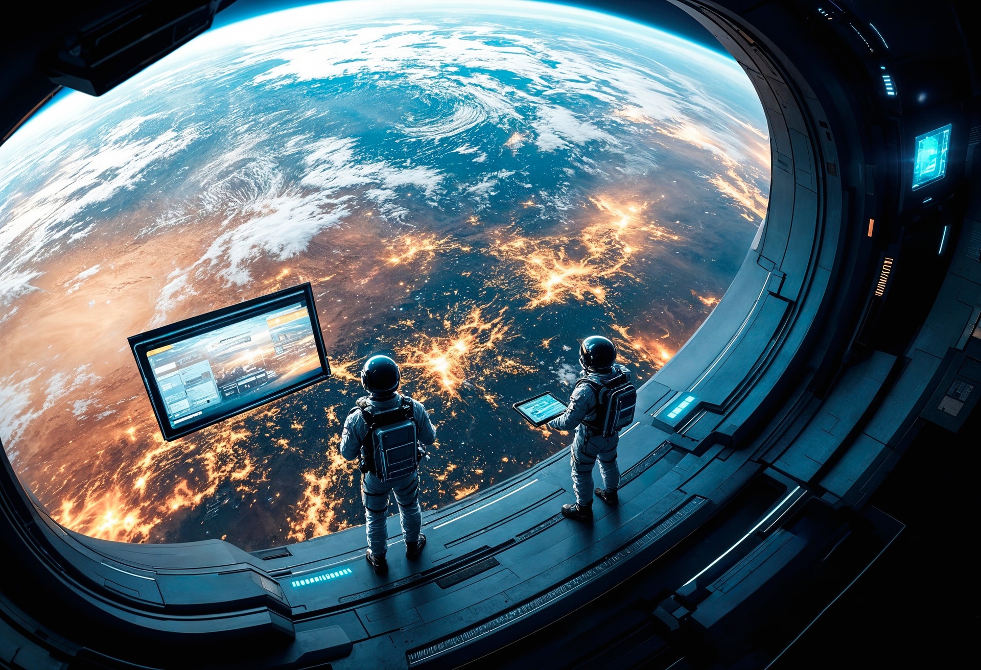 Illustration of Earth seen from a futuristic space observation window