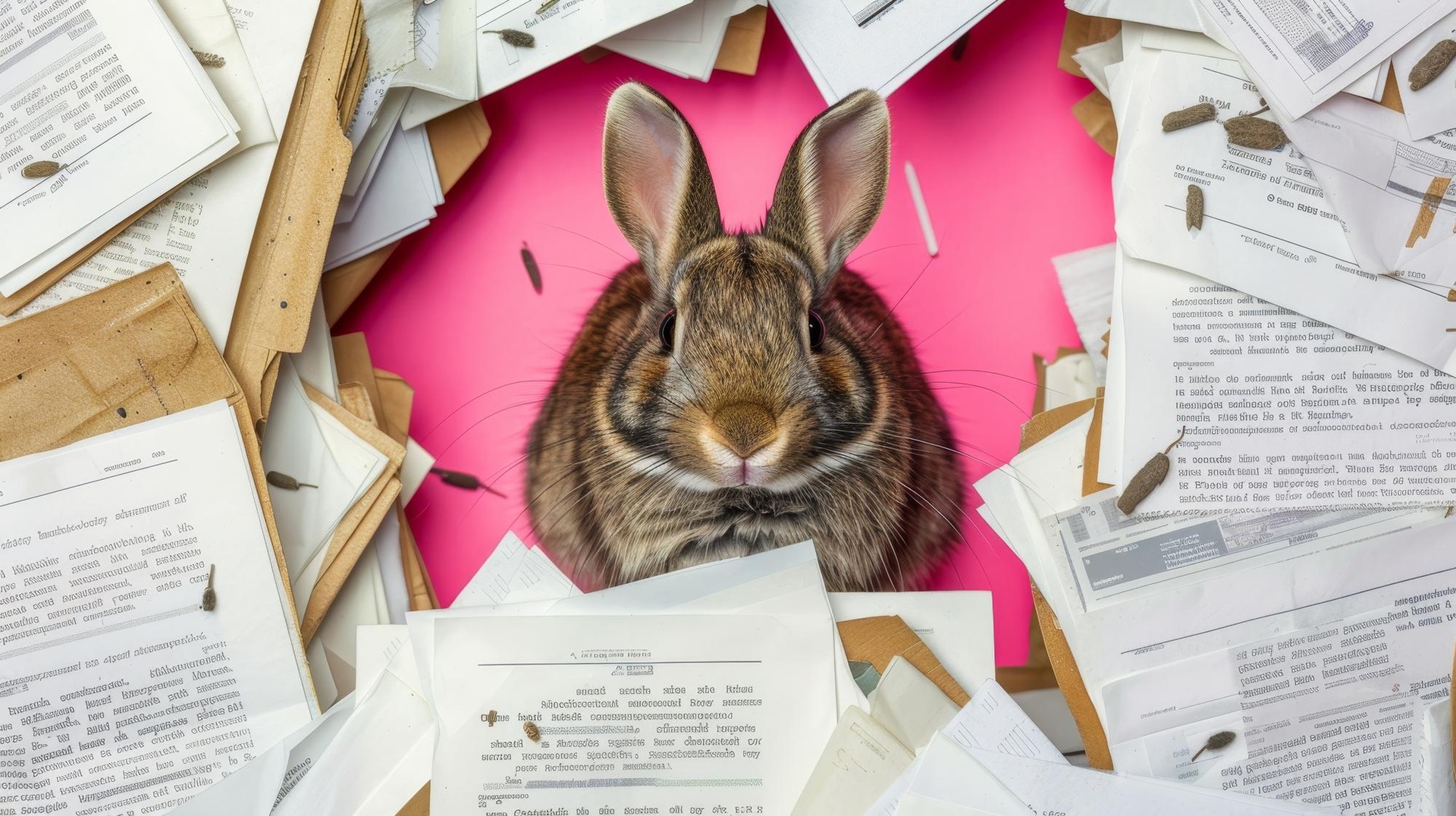 A rabbit surrounded by research papers and books