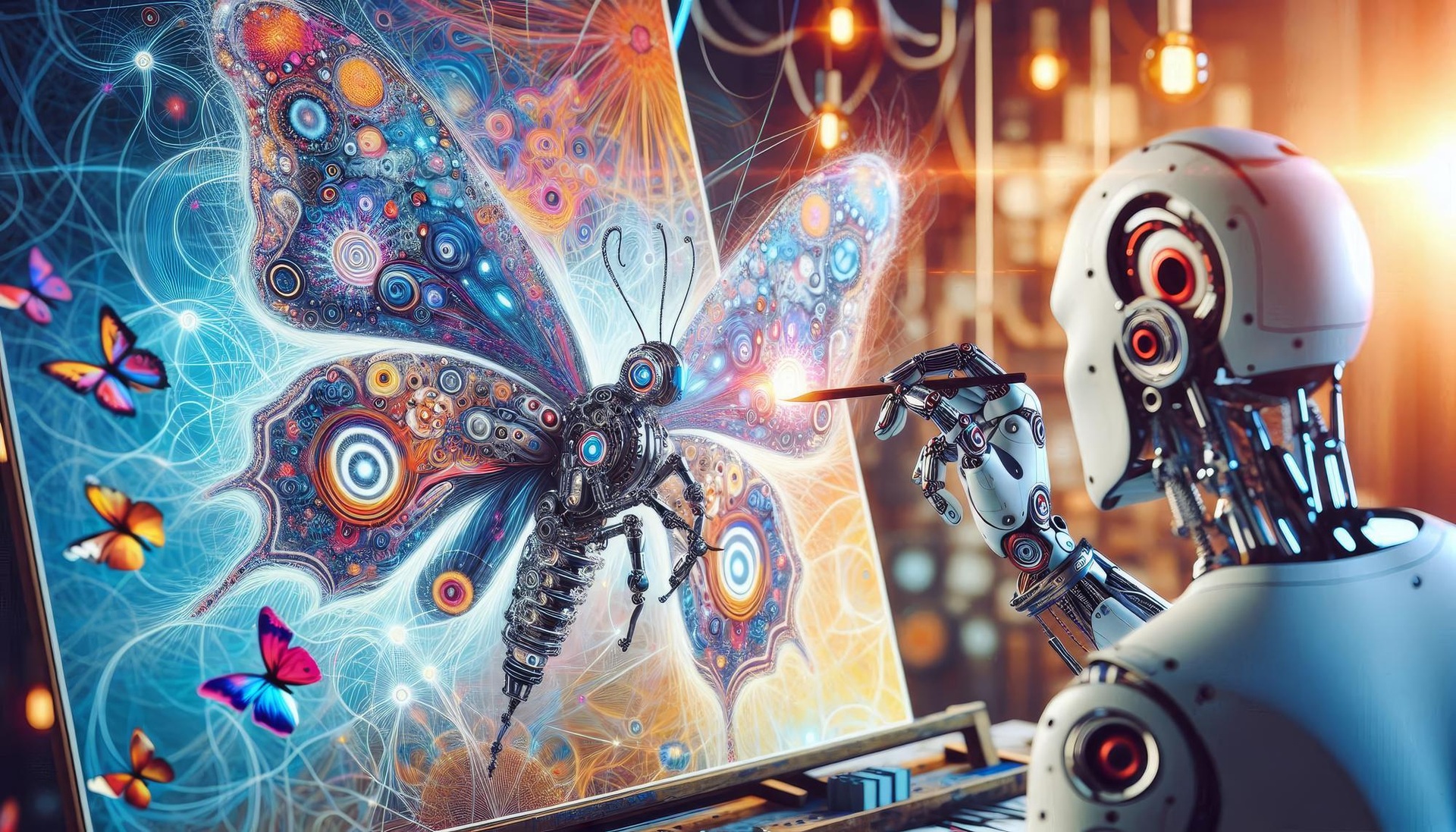 Illustration of a robot studying a colourful butterfly