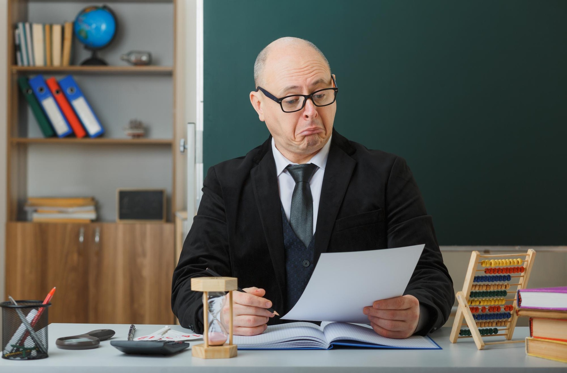A lecturer reviewing a paper at a desk