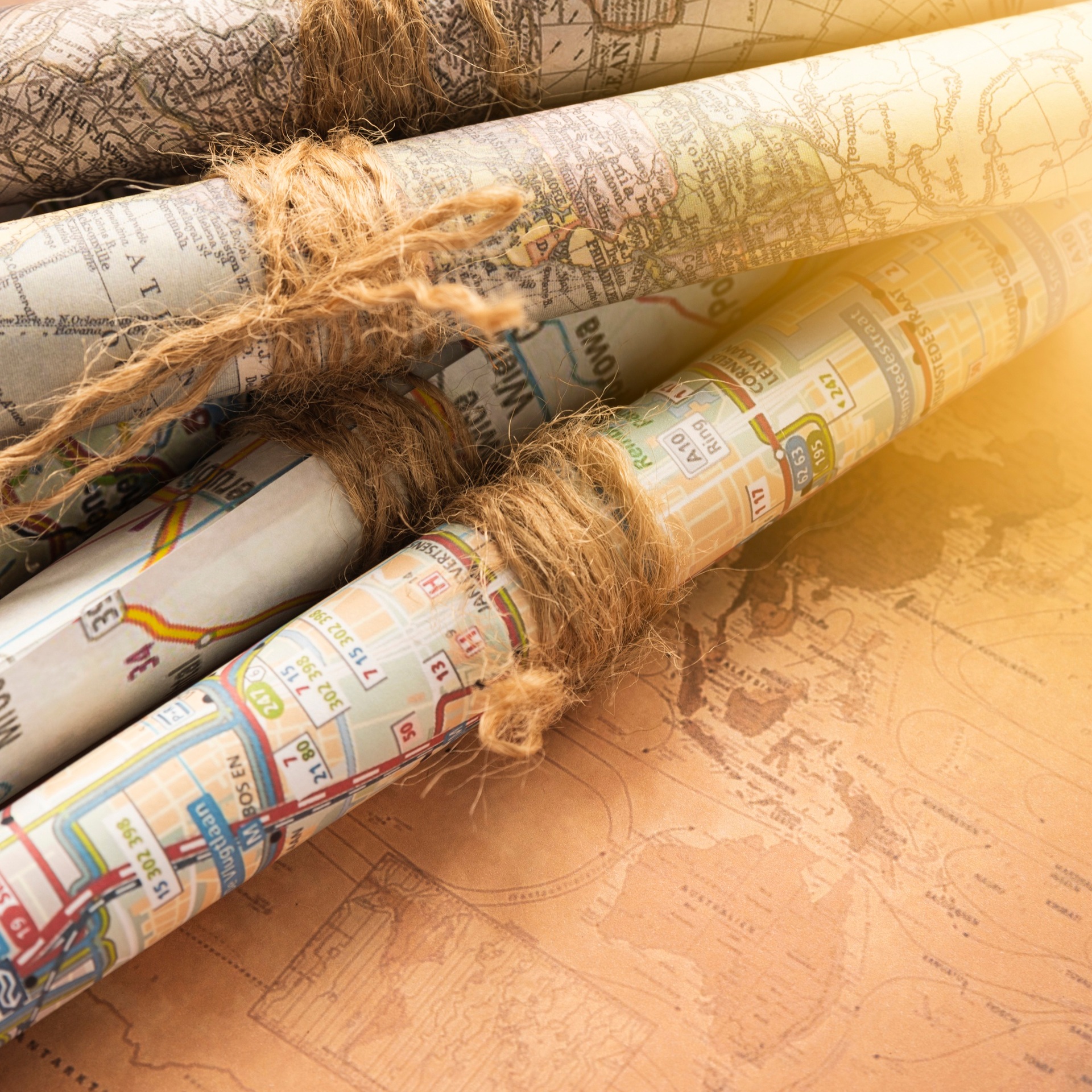 Rolled paper maps resting on an unfolded map