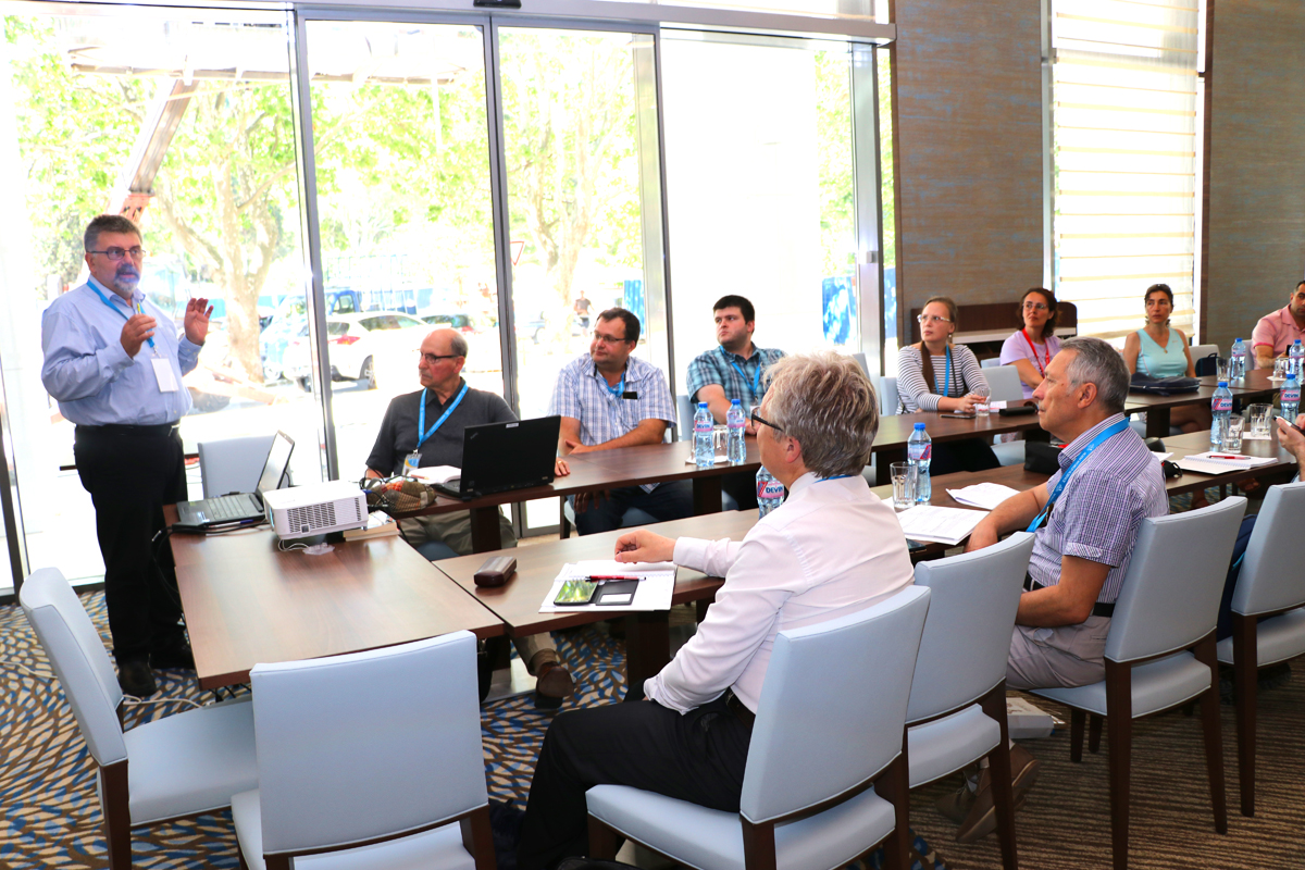 A researcher presenting to colleagues around a meeting table