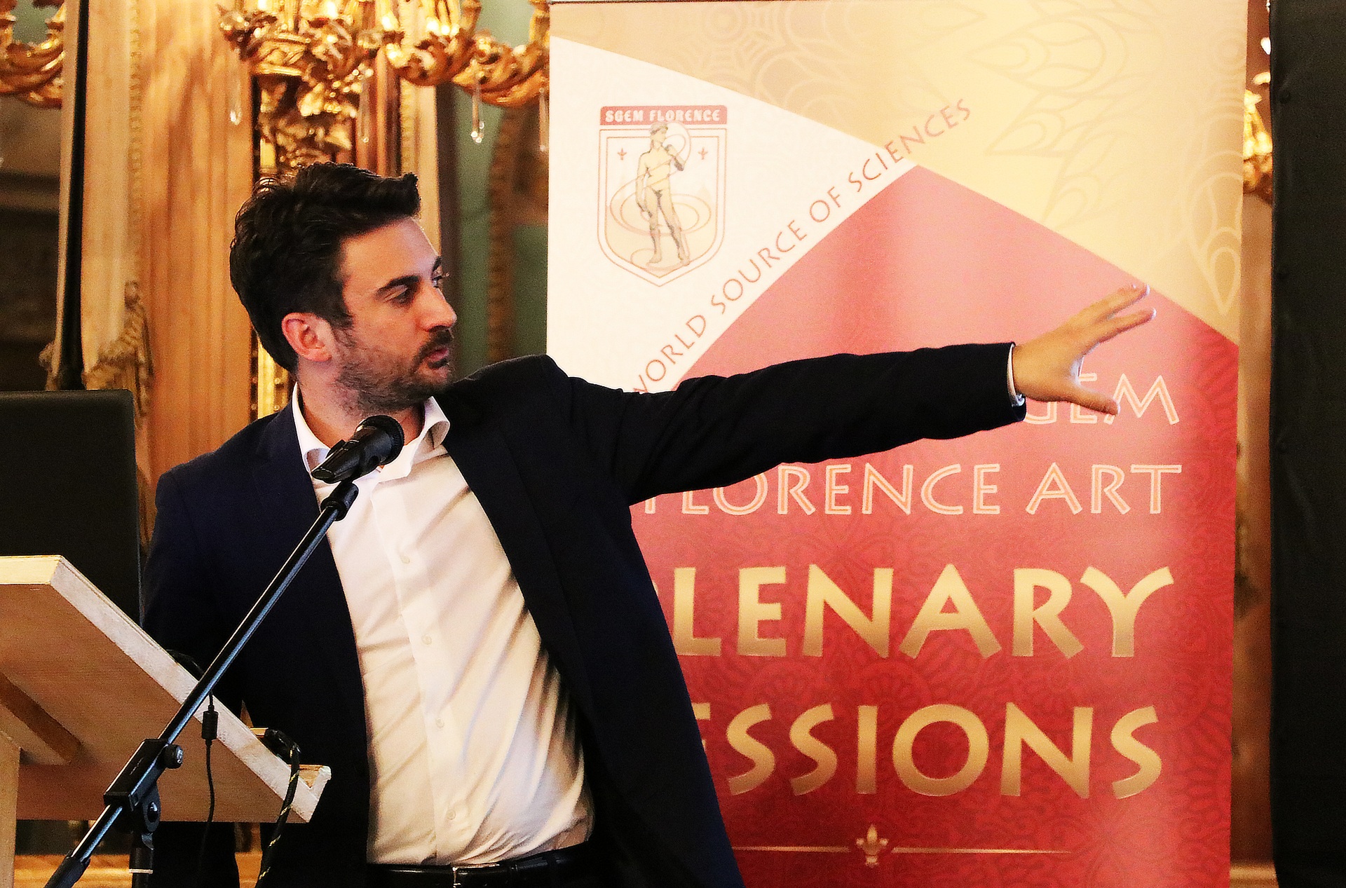 A speaker gesturing during an SGEM Florence Art plenary session