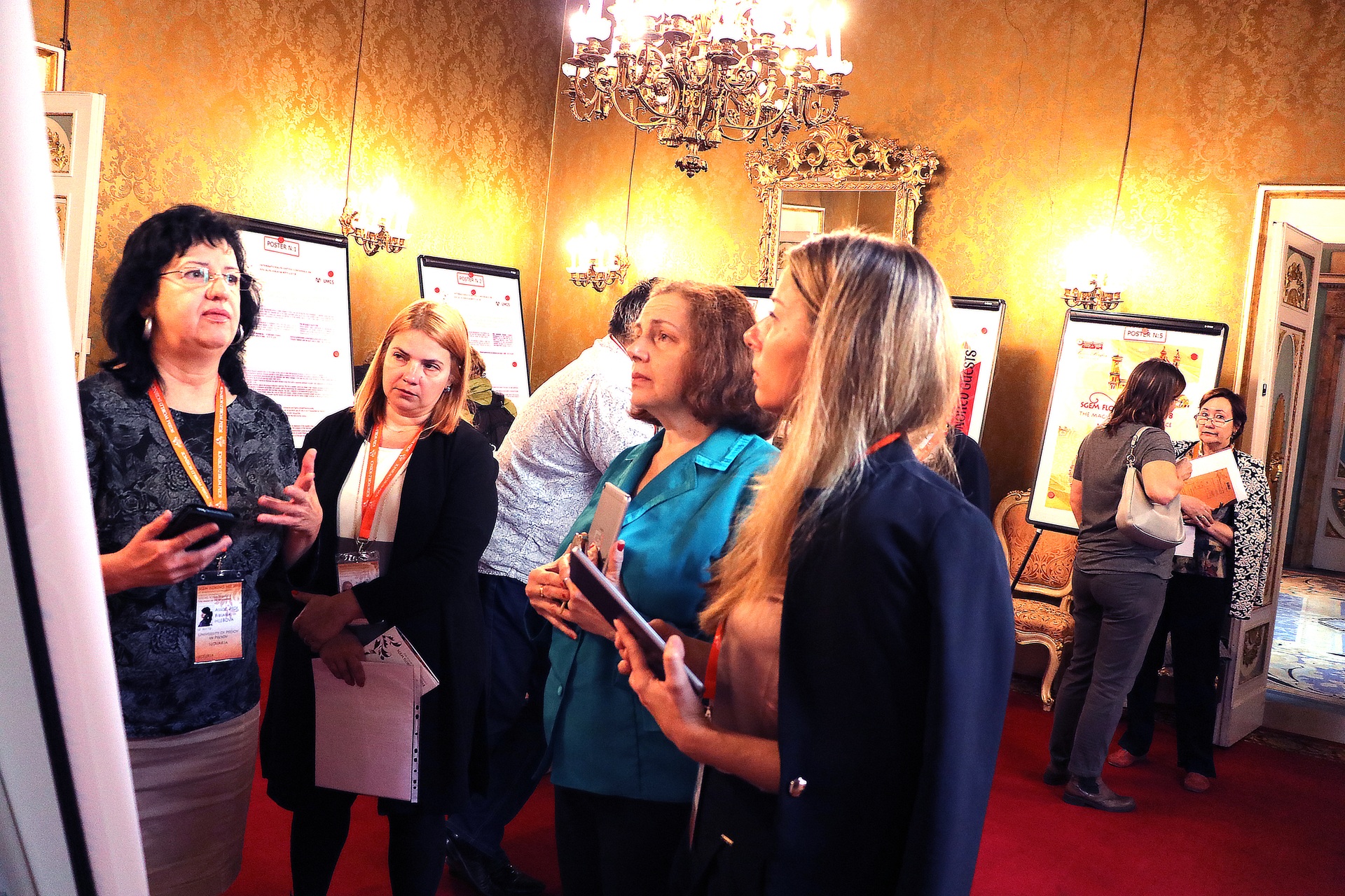 Researchers exchanging ideas beside posters in a gilded hall