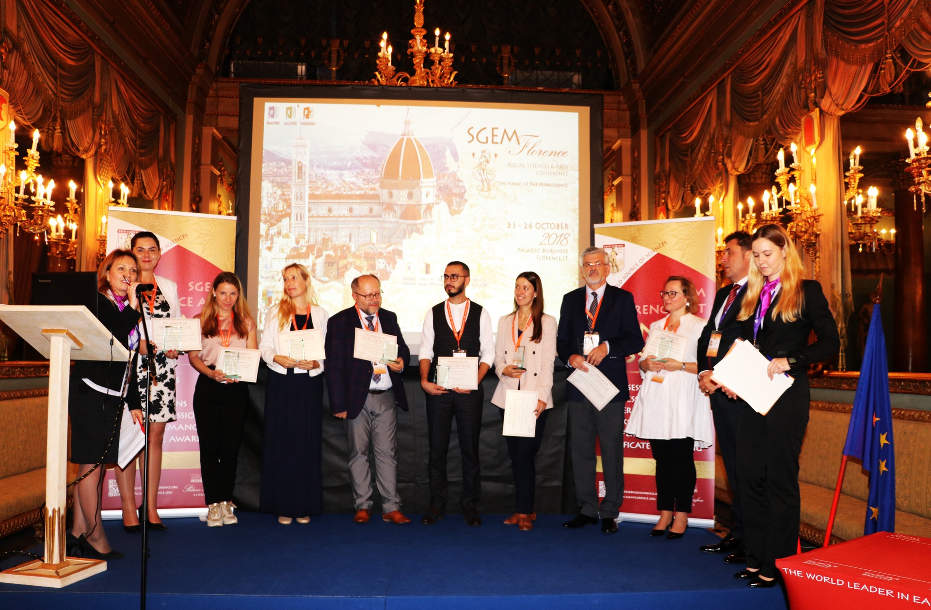 SGEM Florence Art certificate recipients posing on stage