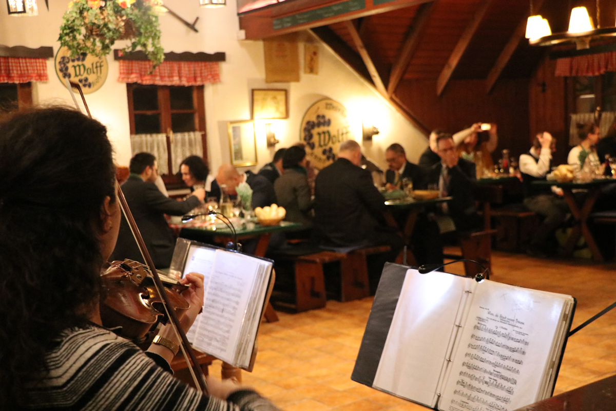 A violinist performing for guests at a conference dinner