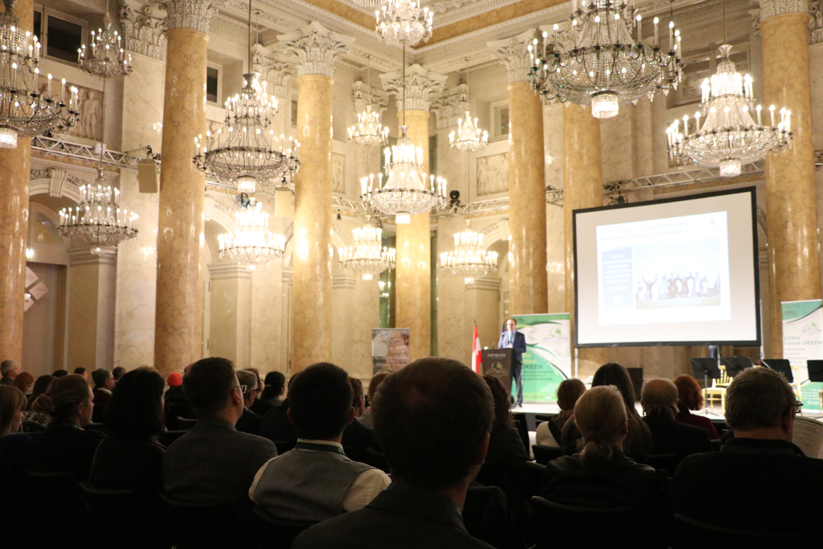 Delegates watching an SGEM presentation in an ornate hall