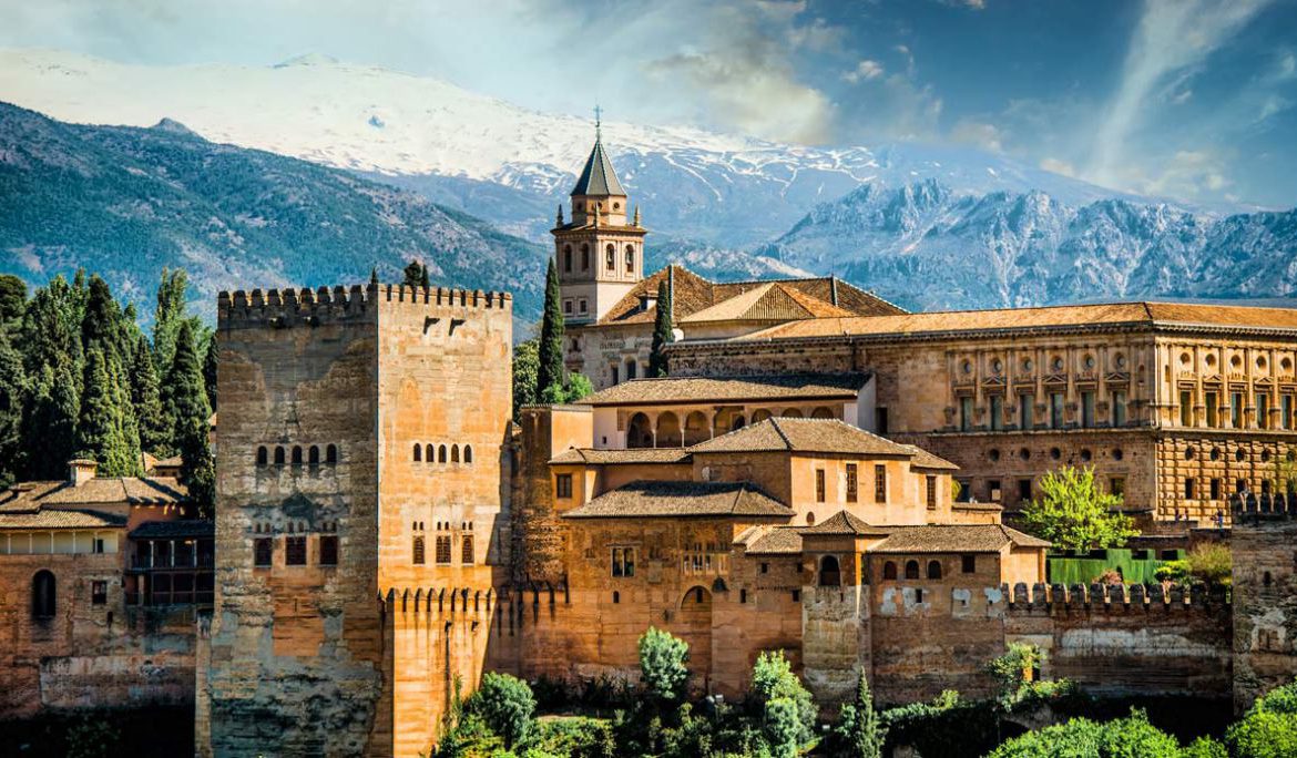 The Alhambra in Granada beneath the Sierra Nevada mountains